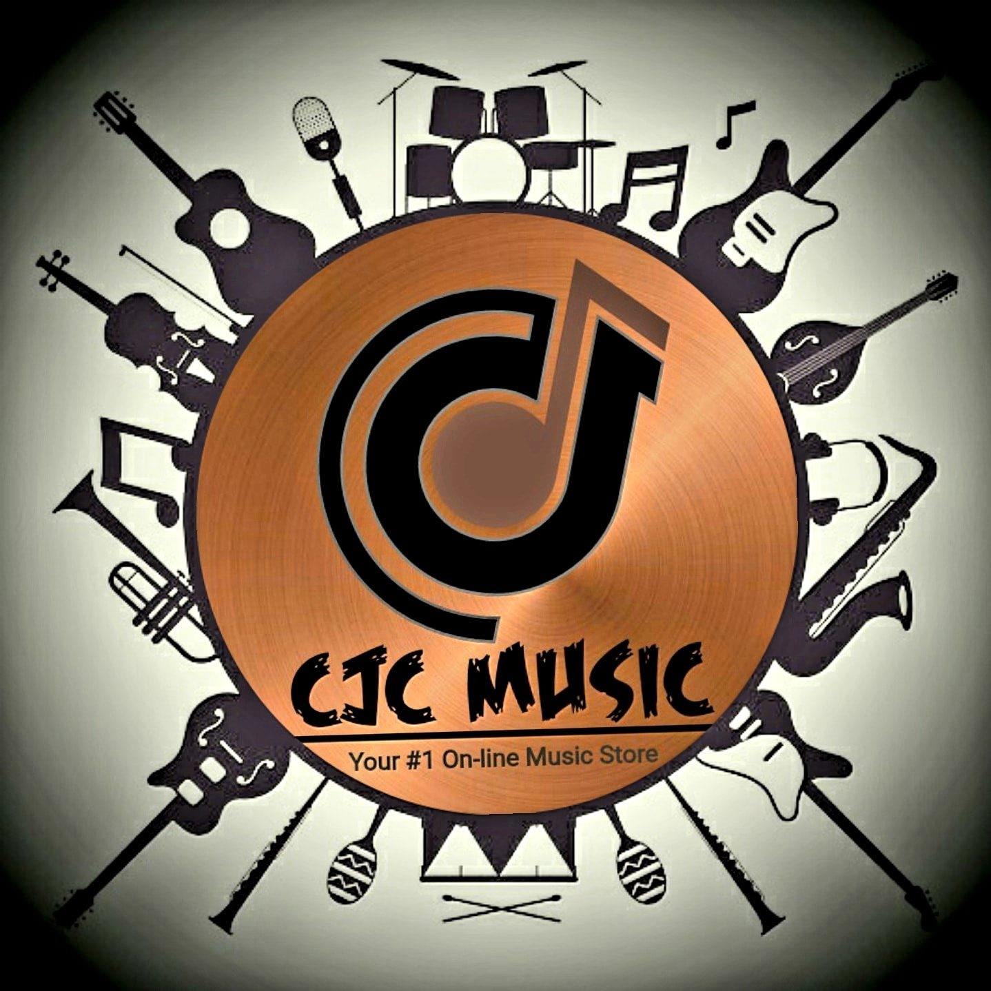 CJC Music — gold vinyl record logo surrounded by musical instrument silhouettes