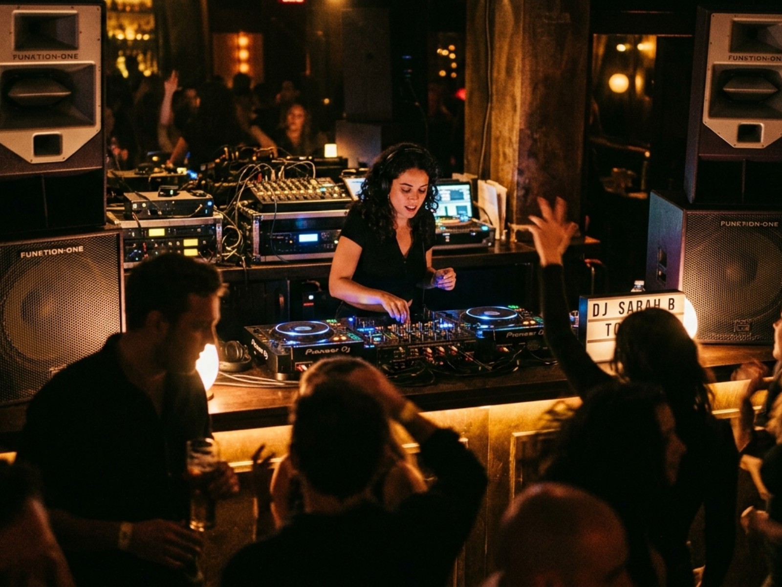 DJ performing at a bar with professional audio speakers and mixing equipment under warm amber lighting
